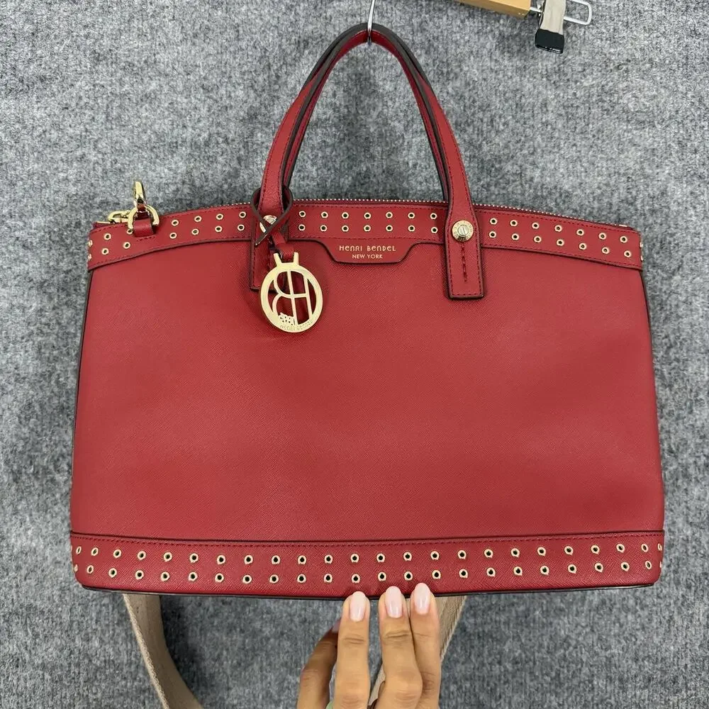 Henri Bendel West 57th Saffiano Leather Crossbody Satchel Bag in Red Studded
